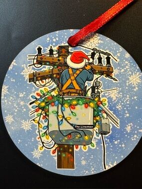 Lineman Round Wooden Christmas Ornament Bucket Truck with Lights